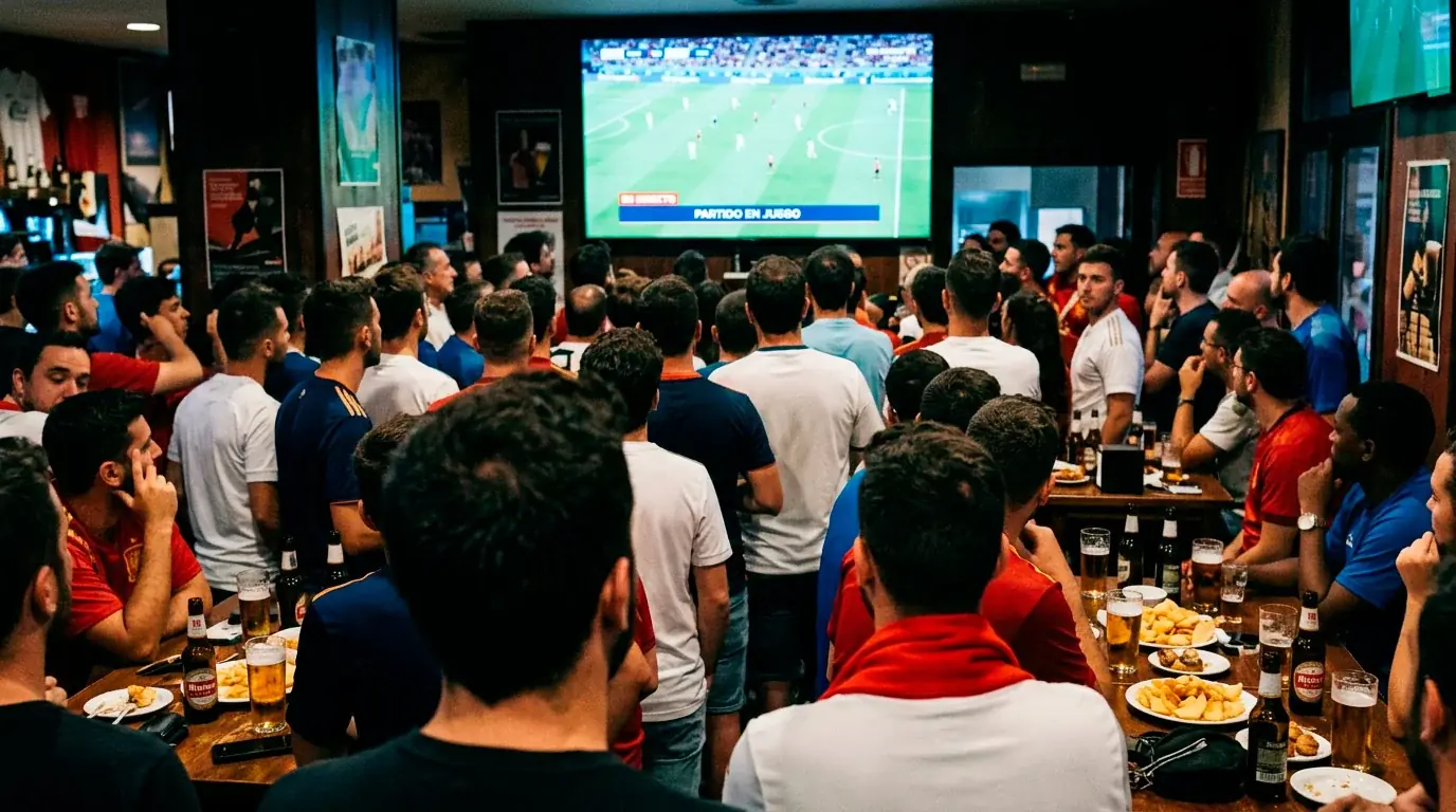 Gran pantalla de televisión mostrando un partido de fútbol europeo en un bar lleno de aficionados