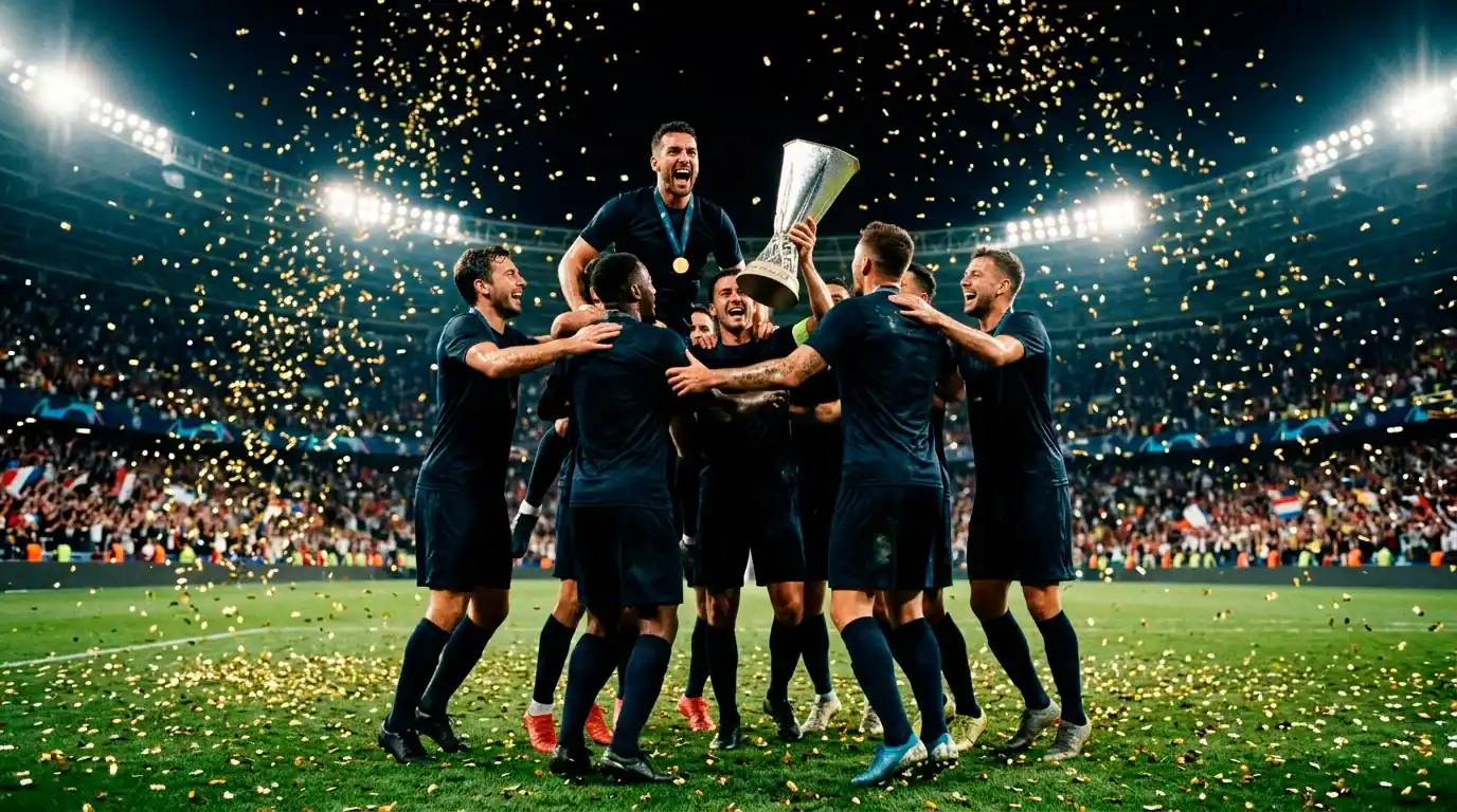 Jugadores celebrando un título de Champions League en el césped de un gran estadio con confeti dorado