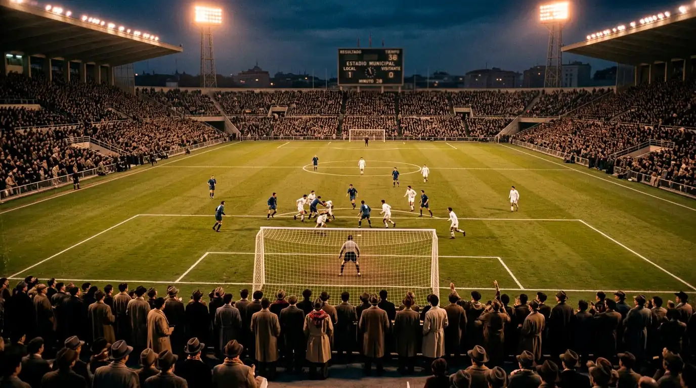 Estadio de fútbol europeo clásico de los años cincuenta durante un partido nocturno de la primera Copa de Europa