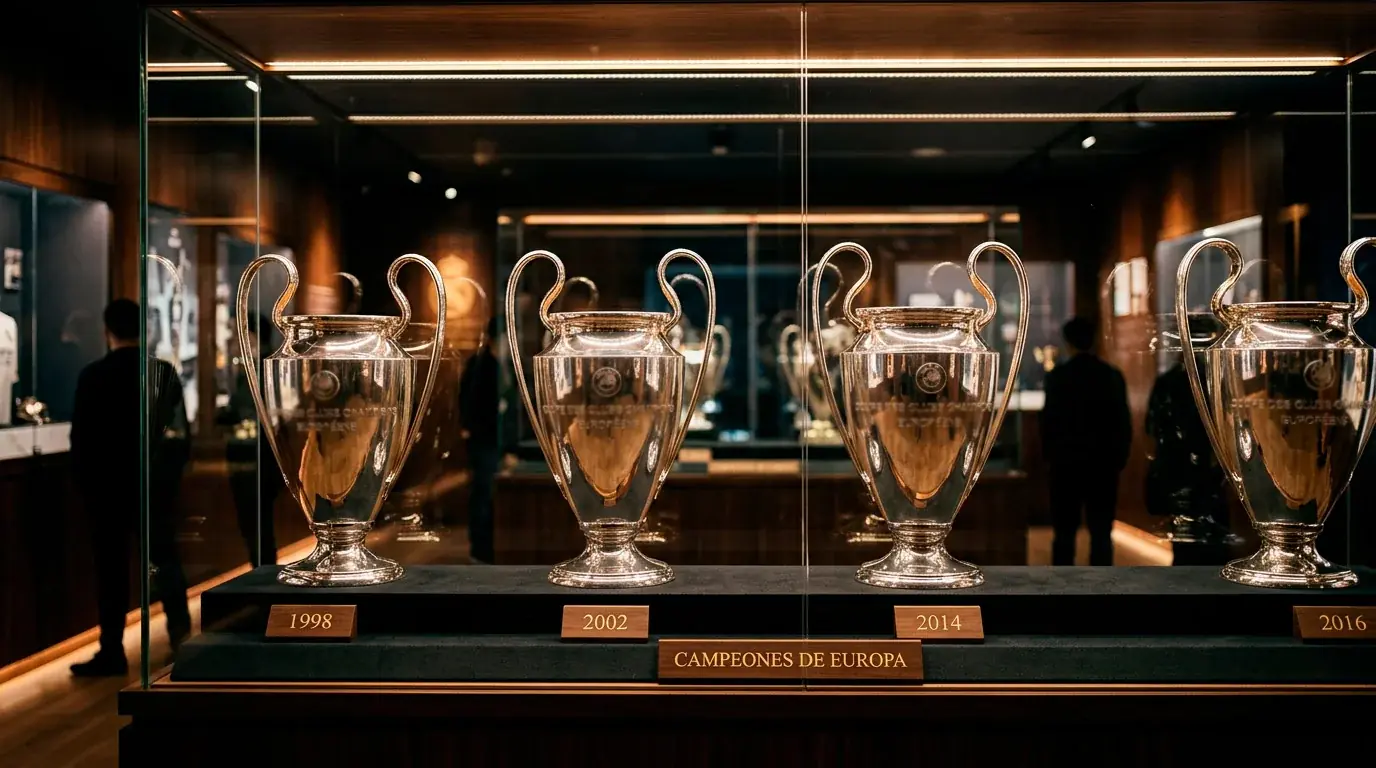 Vitrina de trofeos de un club campeón de la Champions League con réplicas de la Orejona iluminadas